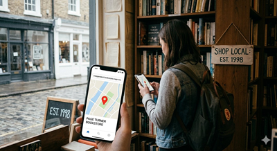 A person holding a smartphone displaying a map to Page Turner Bookstore, while a woman with a backpack looks at her phone in a bookshop.
