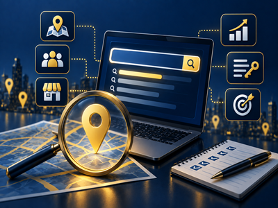 Digital illustration representing local SEO optimization, featuring a storefront under a magnifying glass with marketing icons.