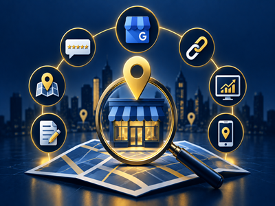 Digital illustration representing local SEO optimization, featuring a storefront under a magnifying glass with marketing icons.